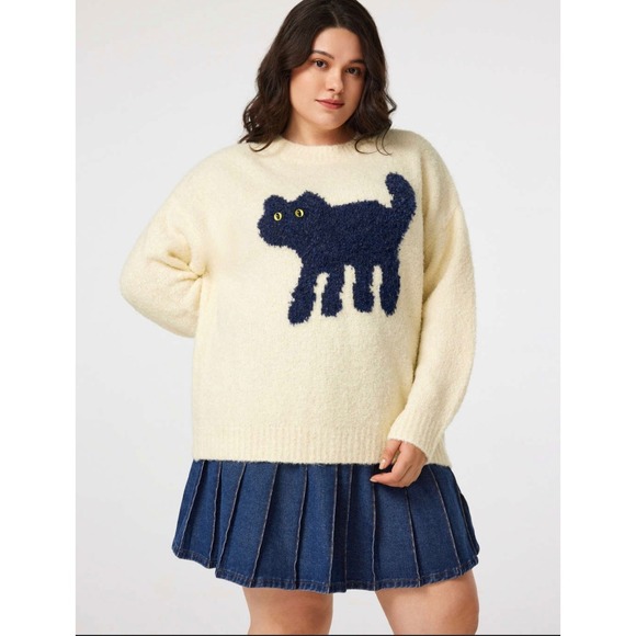 Cider Women's Ivory Black Cat Graphic Crewneck Sweater size 1XL Wool Blend - Picture 1 of 6